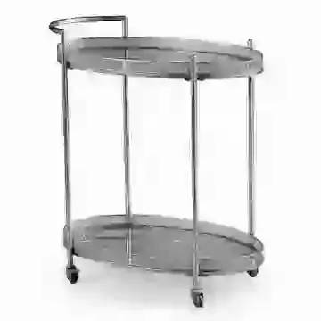 Antique Silver Metal Oval Hostess/Serving Drinks Trolley With 2 Mirrored Glass Shelves